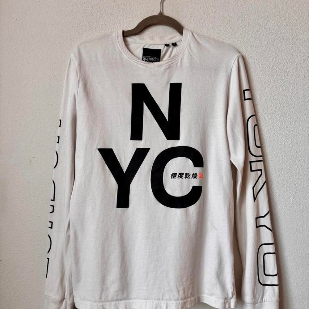 Superdry Men's M White NYC Japan Graphic Long Sleeve T-Shirt 100% Cotton